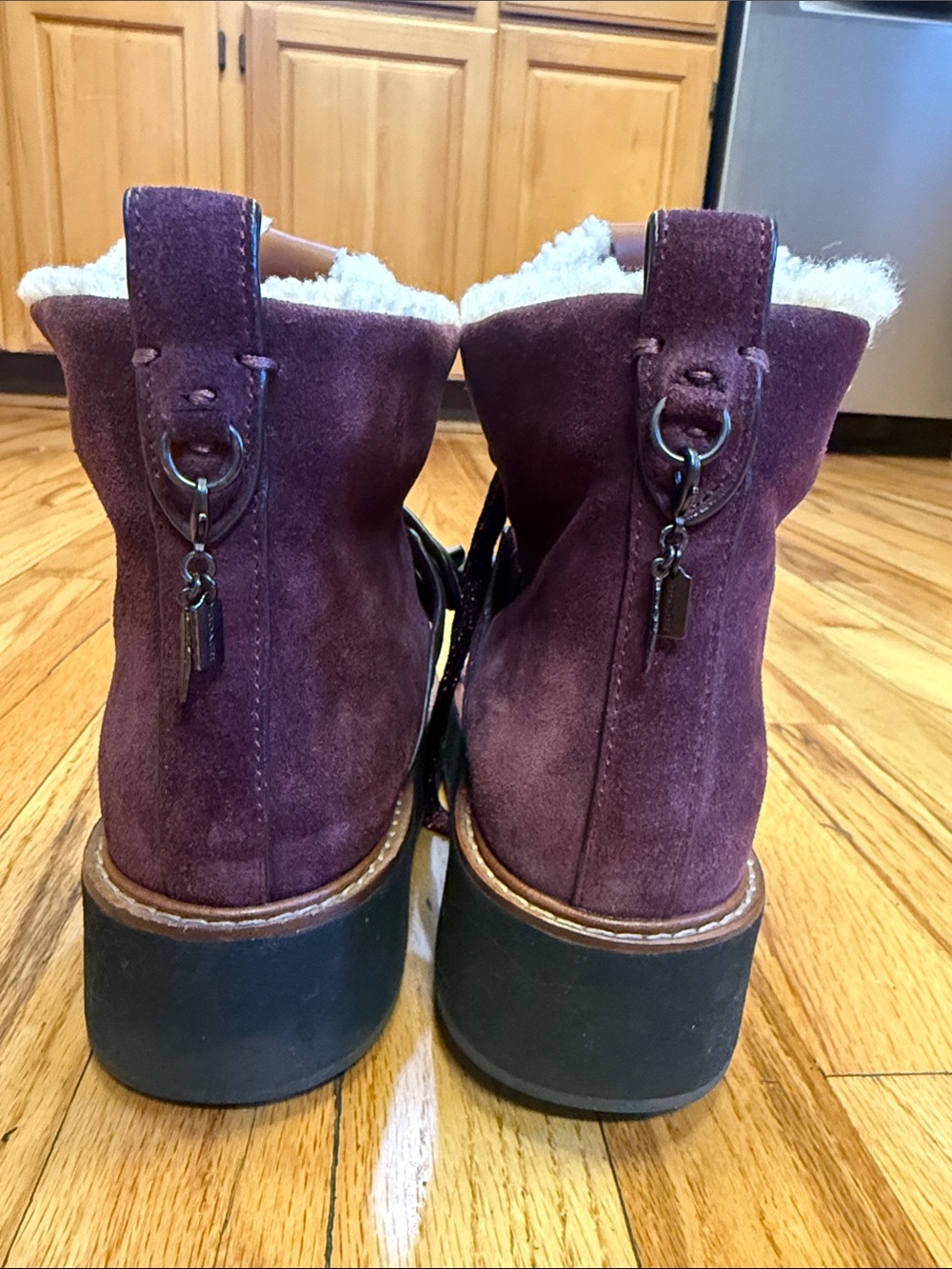 Coach Burgundy Suede Shearling-Trim Ankle Boots - Picture 4 of 7